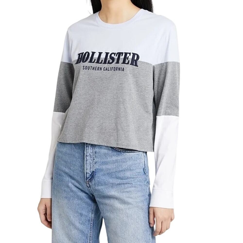 Hollister Colorblock Crop Long Sleeve Top Gray White L Y2K Revival Campuscore
